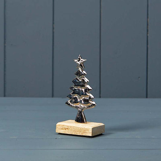 Silver Christmas Tree On Wooden Base