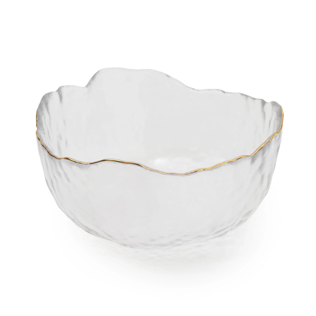 Large Clear Glass Wavy Bowl With Gold Rim