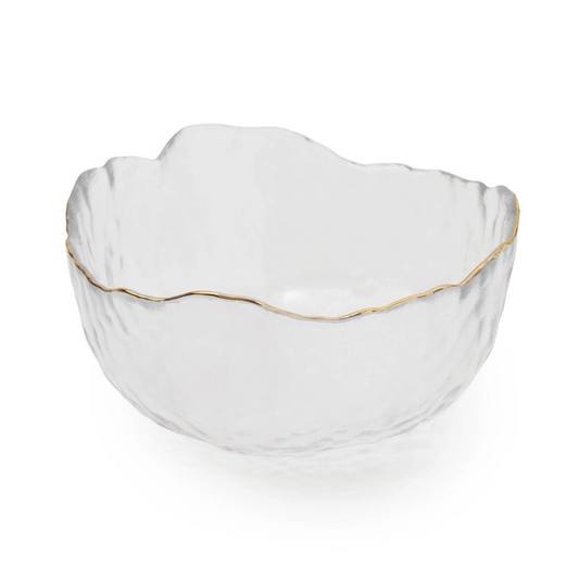 Large Clear Glass Wavy Bowl With Gold Rim