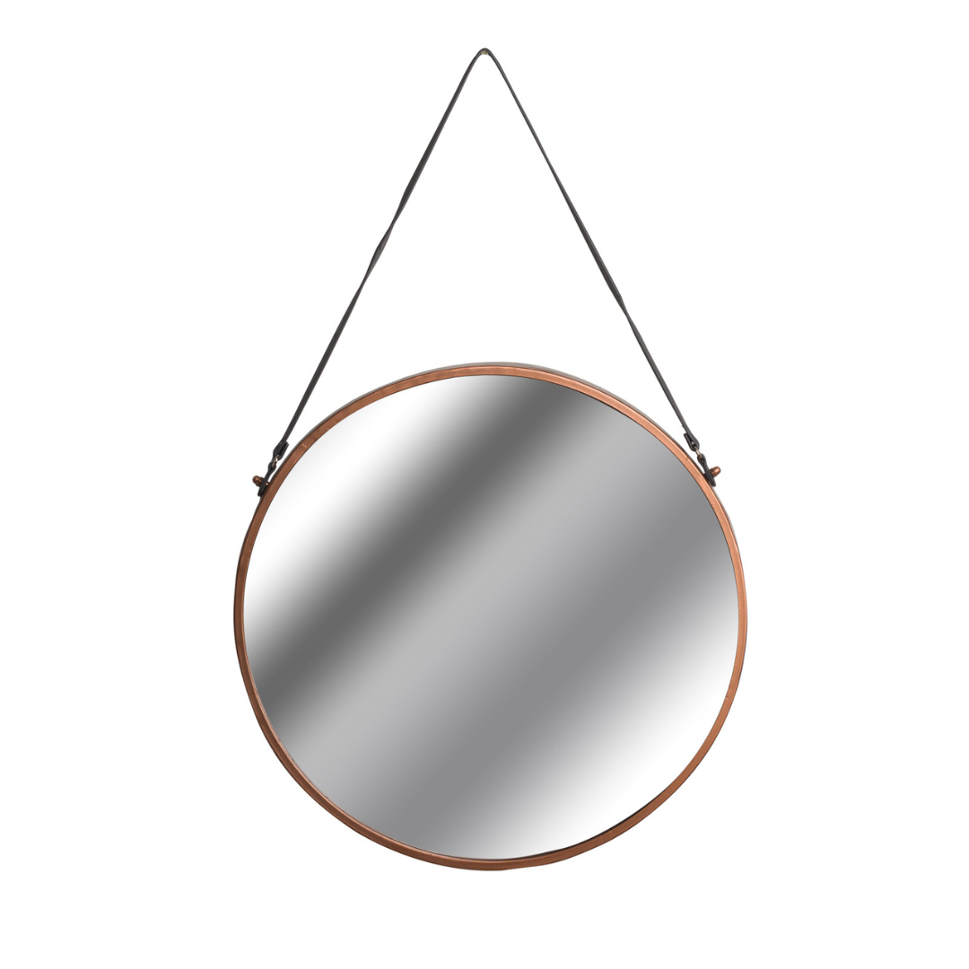 Copper Round Wall Hanging Mirror With Black Strap