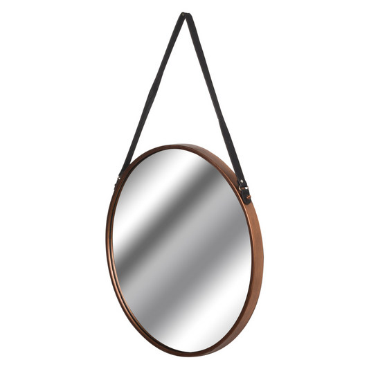 Copper Round Wall Hanging Mirror With Black Strap