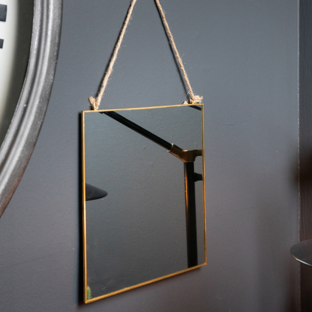 Gold Square Hanging Mirror With Twine Hanger