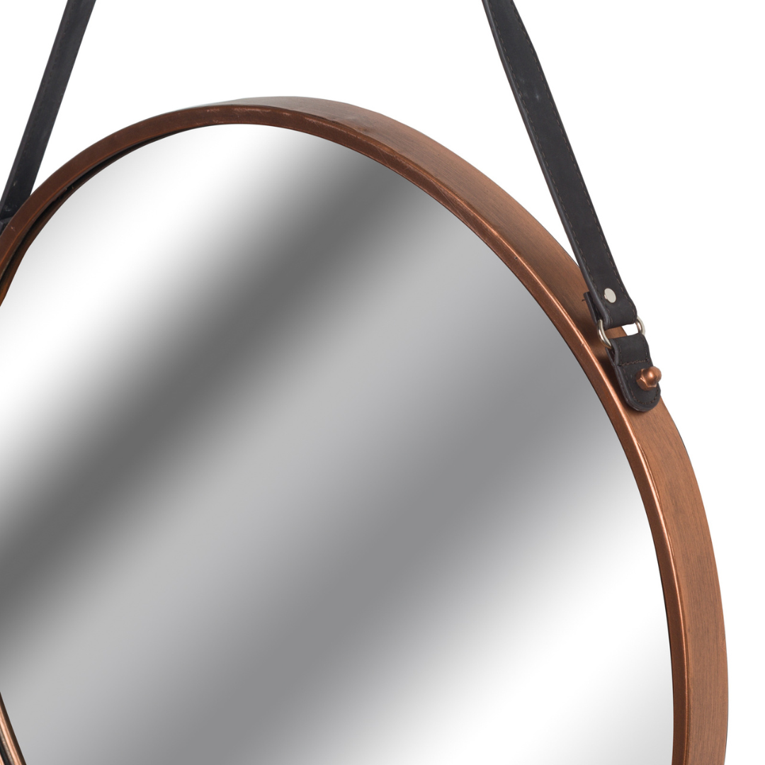 Copper Round Wall Hanging Mirror With Black Strap