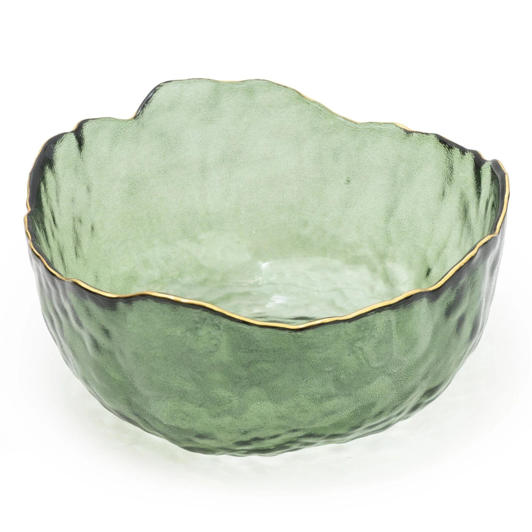 Green Glass Wavy Bowl With Gold Rim