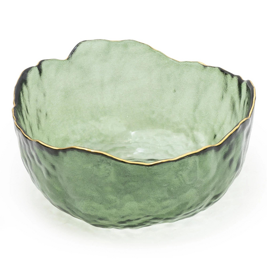 Green Glass Wavy Bowl With Gold Rim