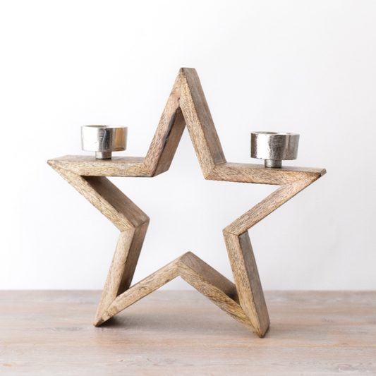 Wooden Star With Aluminium T Light Holder