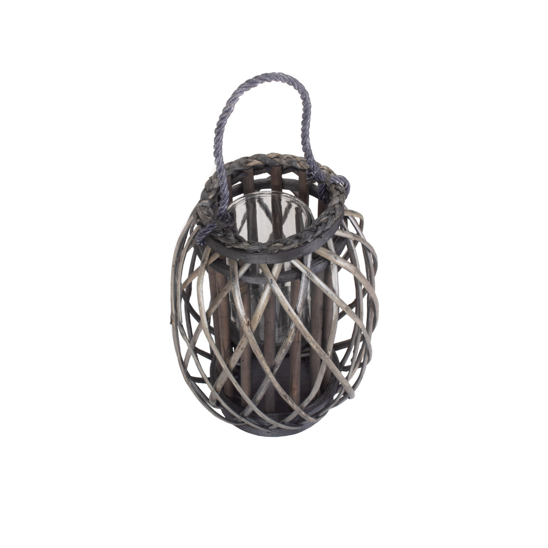 Small Grey Wicker Candle Lantern